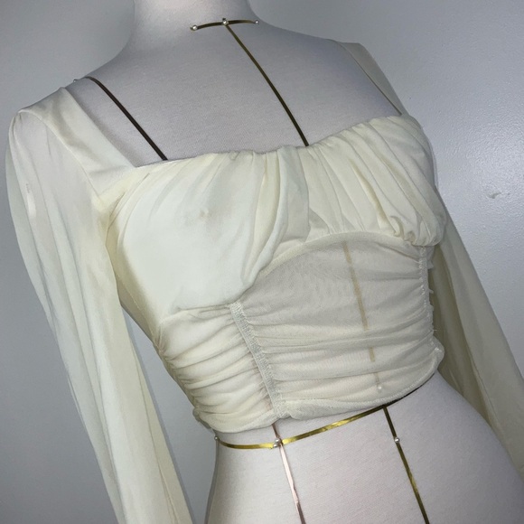 Lulu’s Ivory Ruched Love Me Crop Top w/ Long Bell Sleeves | Size XS - Picture 3 of 9